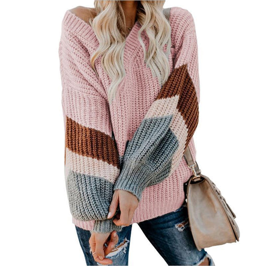 Damen lässiger Strickpullover mit trendigem Farbblockdesign und hohem Kragen EB