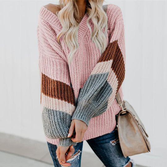 Damen lässiger Strickpullover mit trendigem Farbblockdesign und hohem Kragen EB