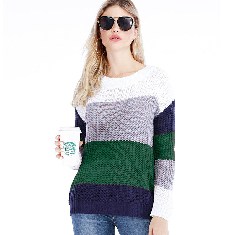 Damen Strickpullover mit modischem Streifenmuster und weichem V-Ausschnitt EB