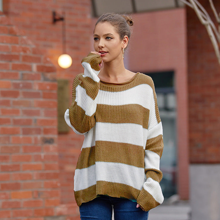 Damen lässiger Oversized Pullover mit breiten Streifen EB