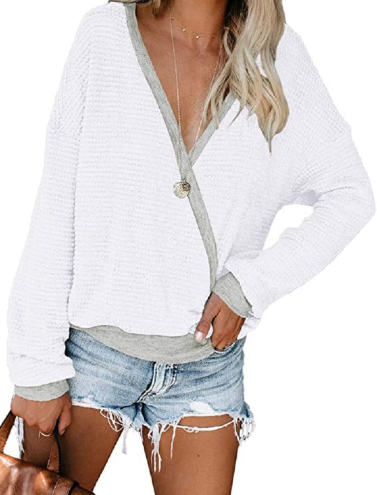 Damen lässiger V-Ausschnitt Pullover mit strukturierter Oberfläche EB