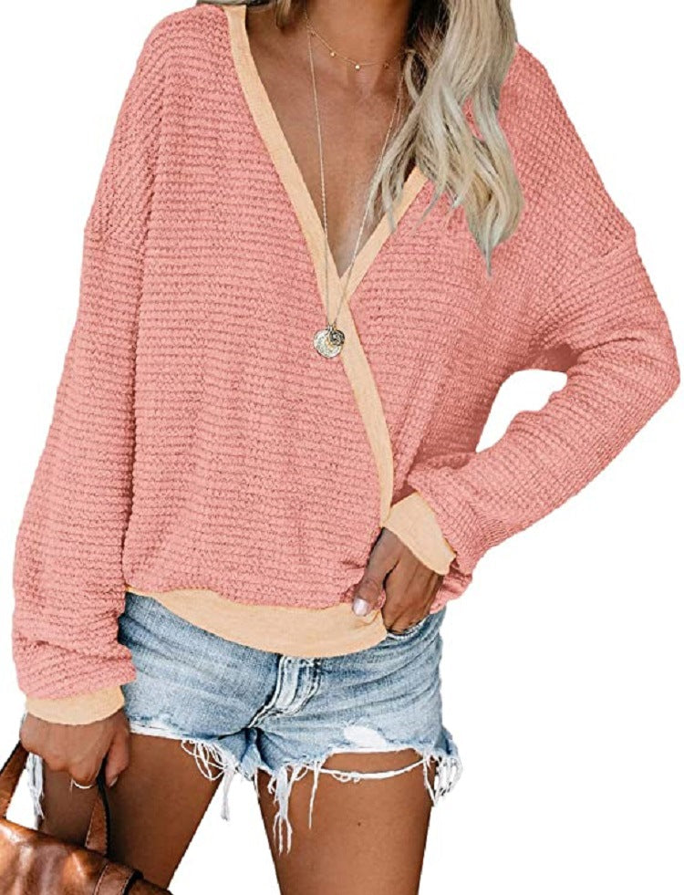 Damen lässiger V-Ausschnitt Pullover mit strukturierter Oberfläche EB