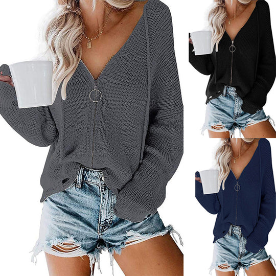 Damen V-Ausschnitt Strickpullover mit durchgehendem Reißverschluss und lässigem Schnitt EB