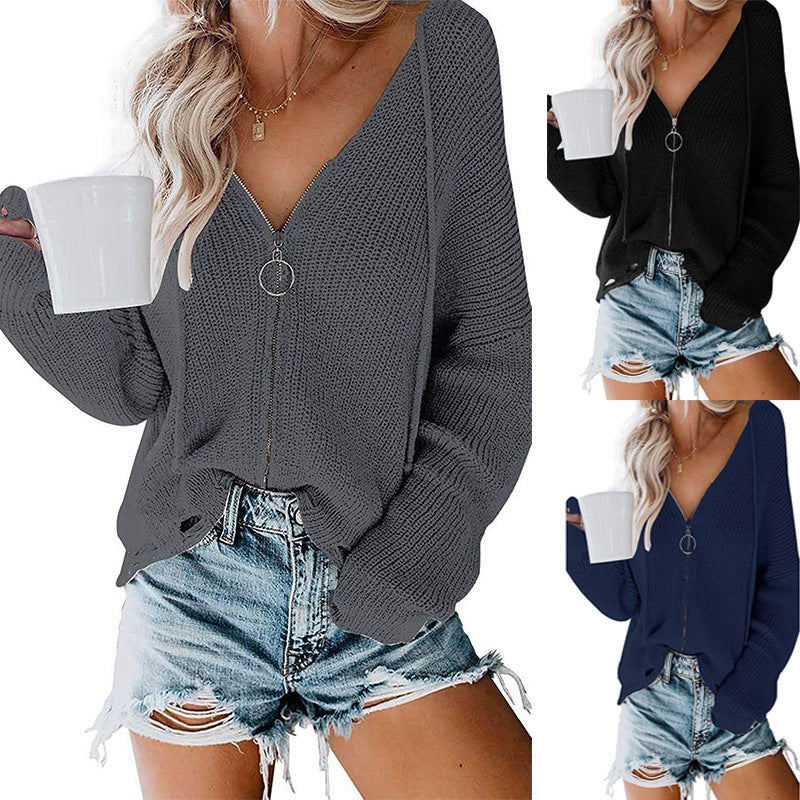 Damen Lässiger Pullover mit modernem Reißverschluss und weitem Schnitt EB