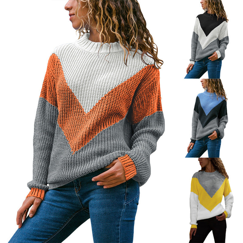 Damen Grobstrick Pullover mit modernem V-Ausschnitt und Farbblockdesign EB