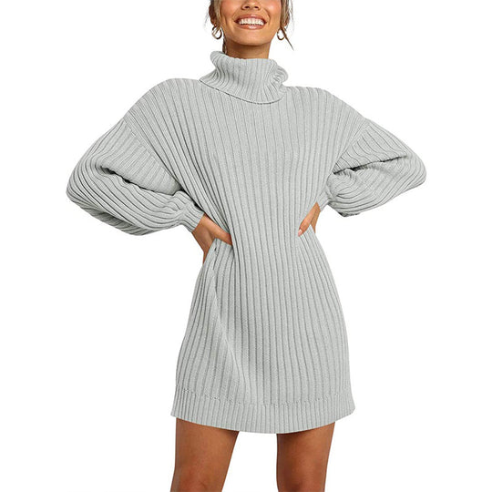 Damen Grobstrick Pulloverkleid mit hohem Kragen und überschnittenen Schultern EB