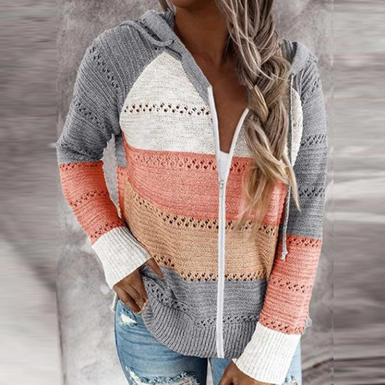 Damen Lässige Strickjacke mit Reißverschluss und Kapuze EB