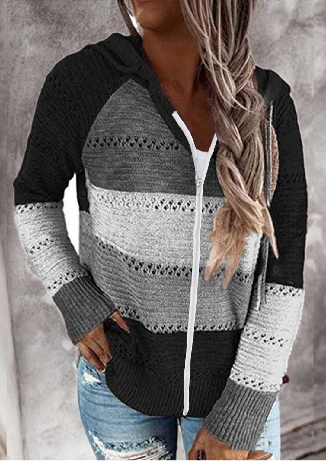 Damen Lässige Strickjacke mit Reißverschluss und Kapuze EB