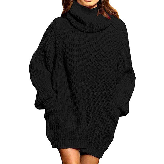 Damen Grobstrick Pulloverkleid mit hohem Kragen und lässigem Schnitt EB