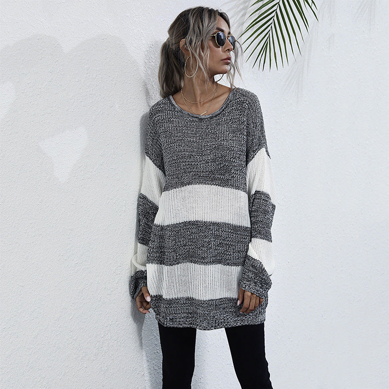 Damen Oversized Strickpullover mit gestreiftem Muster und lässigem Schnitt EB