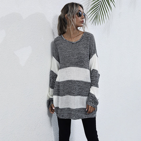 Damen Oversized Strickpullover mit gestreiftem Muster und lässigem Schnitt EB