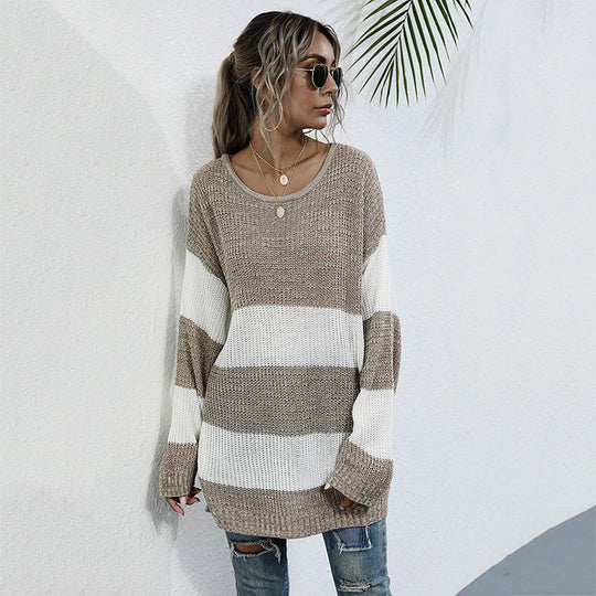 Damen Oversized Strickpullover mit gestreiftem Muster und lässigem Schnitt EB