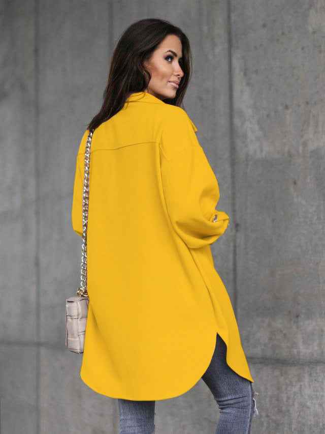 EB | lange Hemdbluse mit Knöpfen, Wollkragen und Revers