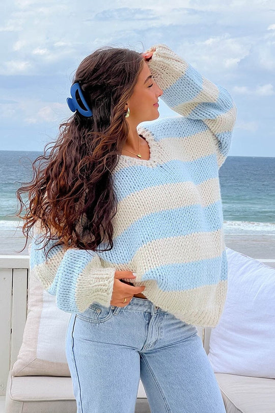 EB | Gemütlicher Off-Shoulder Gestreifter Strickpullover für Herbstschichten