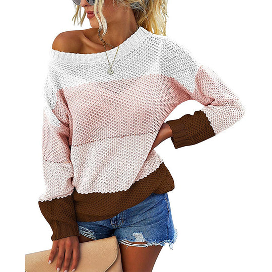 Damen lässiger Strickpullover mit weitem Ausschnitt und strukturiertem Farbblockdesign EB