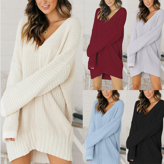 Damen Grobstrick Pulloverkleid mit V-Ausschnitt und lässigem Schnitt EB