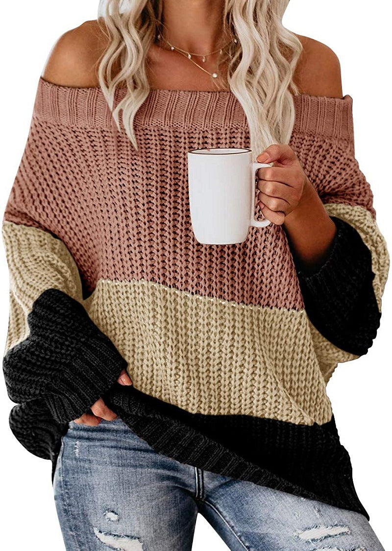 Damen lässiger Strickpullover mit weitem Ausschnitt und Farbblockdesign EB