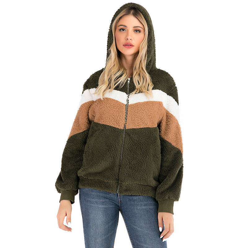 Damen Fleecejacke mit kontrastierenden Streifen und Kapuze EB
