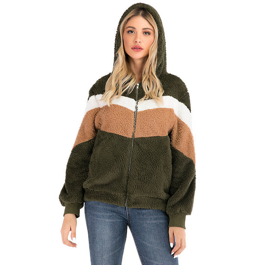 Damen Fleecejacke mit kontrastierenden Streifen und Kapuze EB