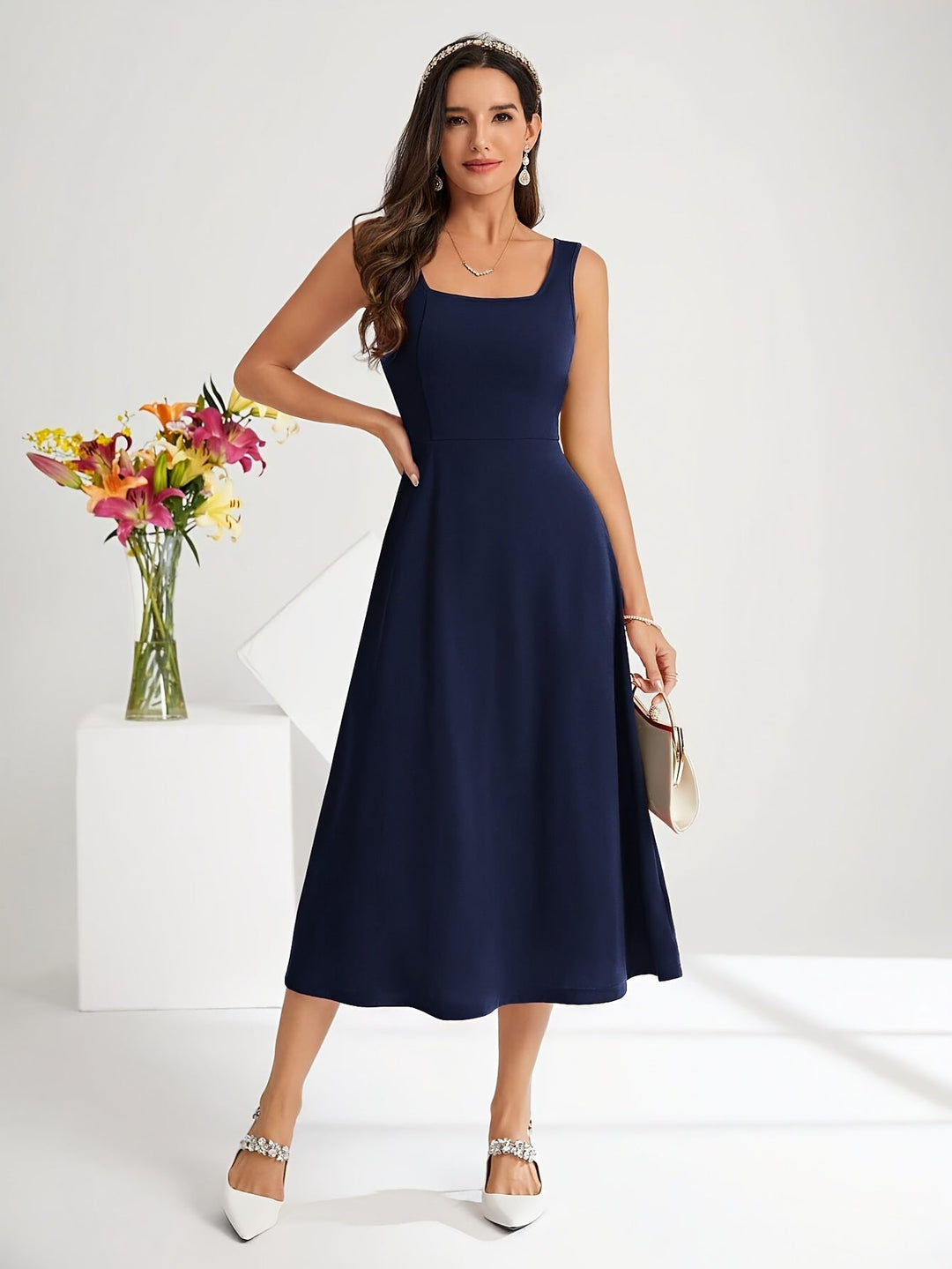EB | Elegantes Kleid mit Trägern Dunkelblau Farbe