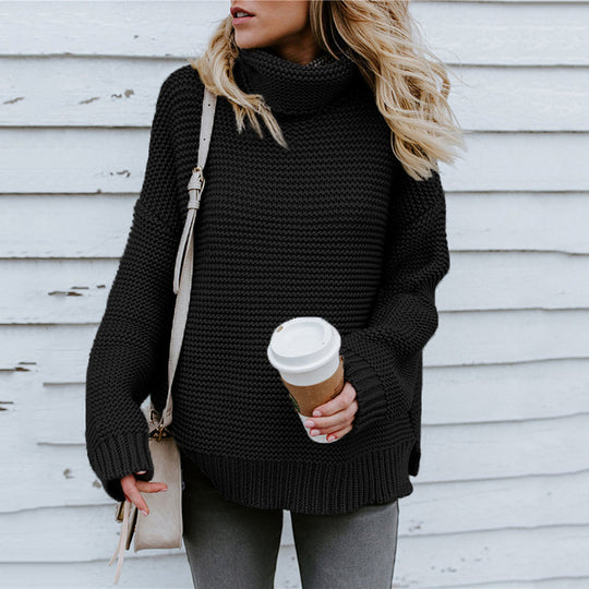 Damen Grobstrickpullover mit hohem Kragen und überschnittenen Schultern EB