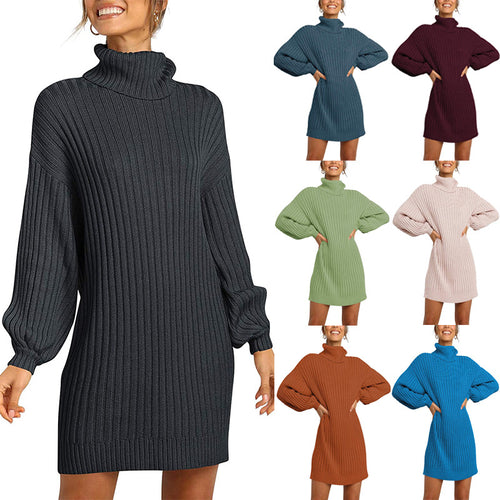 Damen Grobstrick Pulloverkleid mit hohem Kragen und überschnittenen Schultern EB