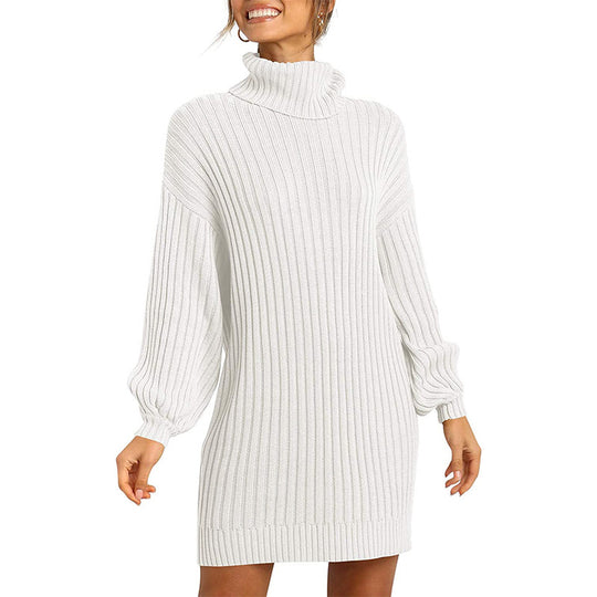 Damen Grobstrick Pulloverkleid mit hohem Kragen und überschnittenen Schultern EB