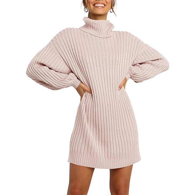 Damen Grobstrick Pulloverkleid mit hohem Kragen und überschnittenen Schultern EB