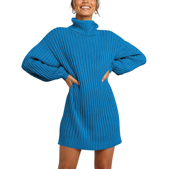 Damen Grobstrick Pulloverkleid mit hohem Kragen und überschnittenen Schultern EB