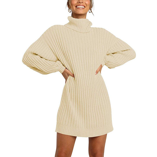 Damen Grobstrick Pulloverkleid mit hohem Kragen und überschnittenen Schultern EB