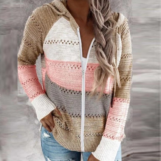 Damen Lässige Strickjacke mit Reißverschluss und Kapuze EB
