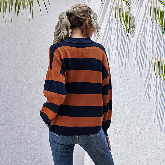 Damen gestreifter Pullover mit Knopfleiste und hochwertigem Rippdesign EB