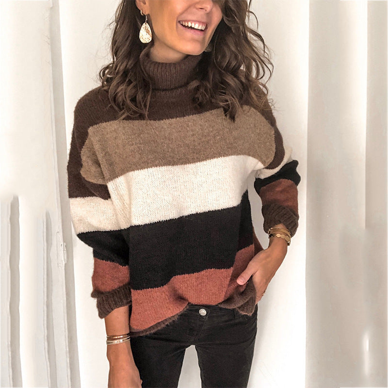 Damen Strickpullover mit hohen Kragen und modischem Blockstreifenmuster EB