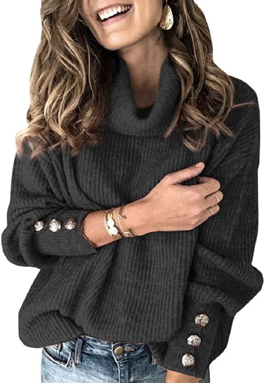 Damen Grobstrickpullover mit hohem Kragen und dekorativen Knopfdetails EB