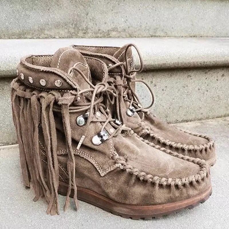 Damen Mokassin-Stiefel mit fransigem Design und handgefertigter Verarbeitung EB