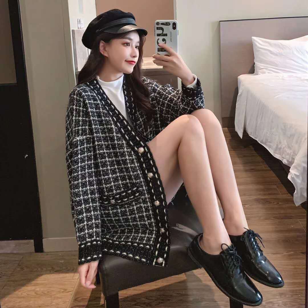 Damen Lässiger Strickcardigan im modernen Karomuster mit oversized Passform EB