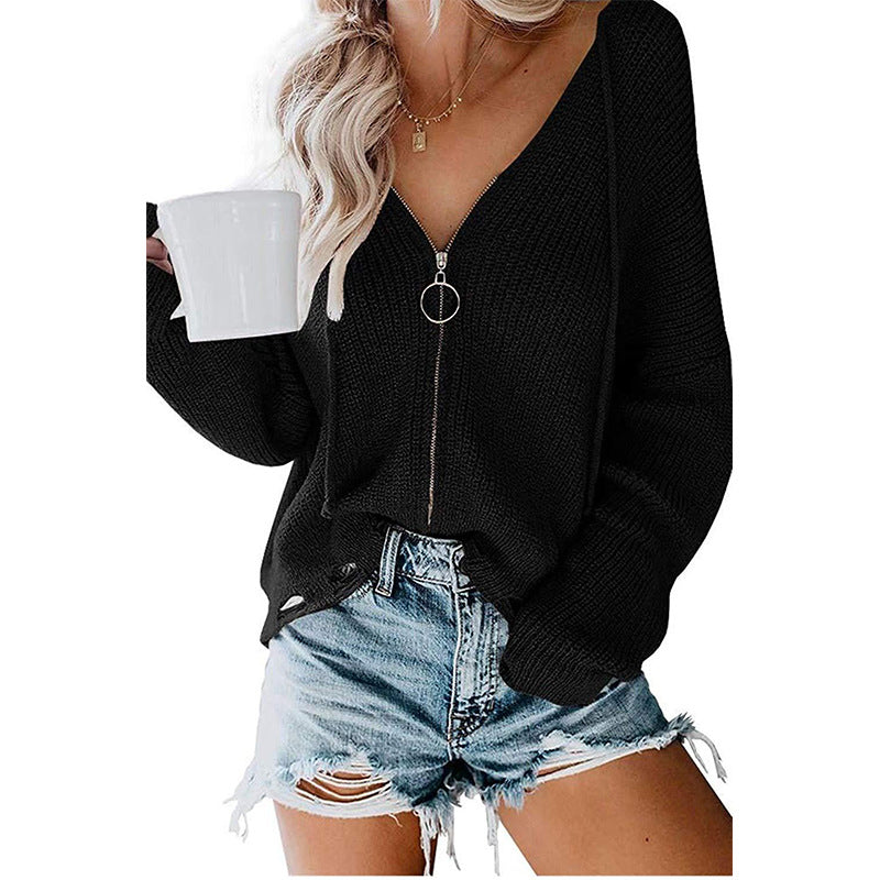 Damen Lässiger Pullover mit modernem Reißverschluss und weitem Schnitt EB