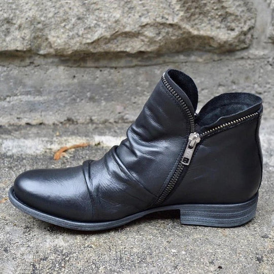 Damen moderne Ankle Boots mit asymmetrischem Reißverschluss und modischer Faltenoptik EB
