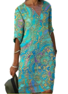 Damen Freizeitleichtkleid mit elegantem V-Ausschnitt und buntem Muster EB