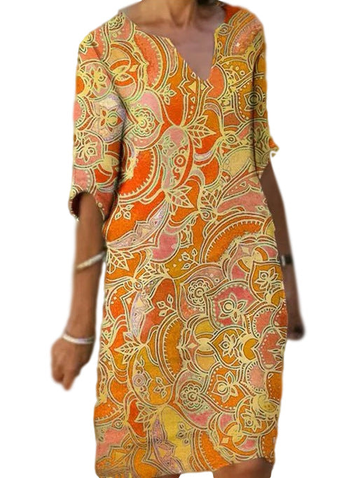 Damen Freizeitleichtkleid mit elegantem V-Ausschnitt und buntem Muster EB
