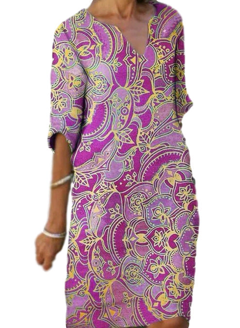 Damen Freizeitleichtkleid mit elegantem V-Ausschnitt und buntem Muster EB