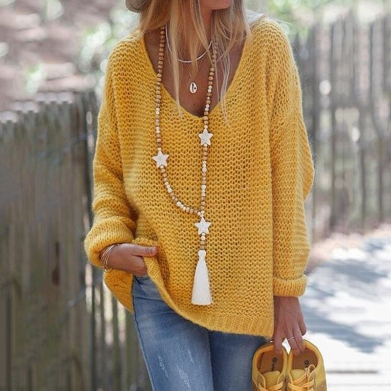 Damen Grobstrick Pullover mit weitem V-Ausschnitt und lässigem Schnitt EB