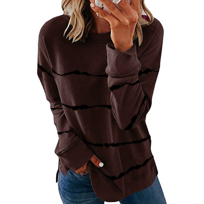 Damen nan lässiges Oversize-Sweatshirt mit wellenförmigem Streifenmuster Rundhals Seitenschlitzen und gerundetem Saum EB
