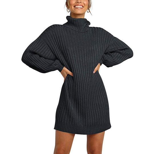 Damen Grobstrick Pulloverkleid mit hohem Kragen und überschnittenen Schultern EB