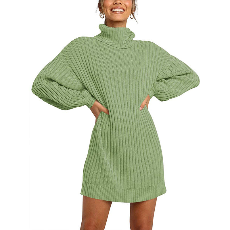 Damen Grobstrick Pulloverkleid mit hohem Kragen und überschnittenen Schultern EB