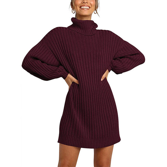 Damen Grobstrick Pulloverkleid mit hohem Kragen und überschnittenen Schultern EB