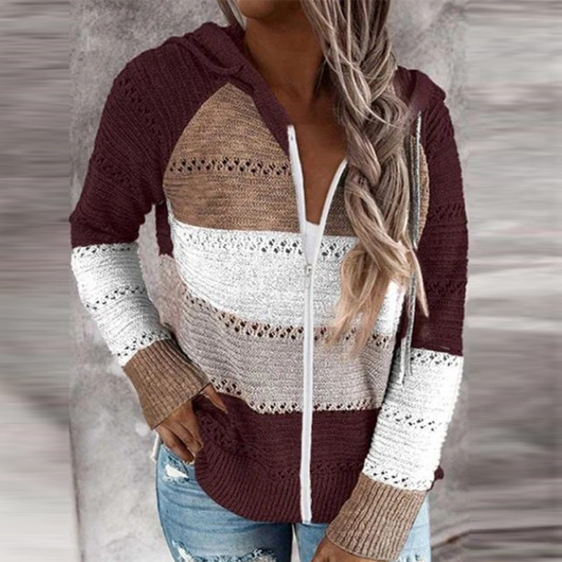 Damen Lässige Strickjacke mit Reißverschluss und Kapuze EB
