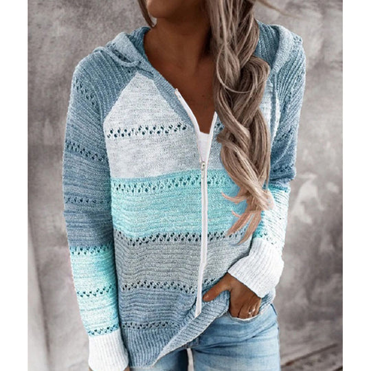 Damen Lässige Strickjacke mit Reißverschluss und Kapuze EB