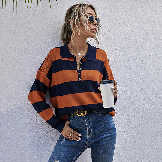 Damen gestreifter Pullover mit Knopfleiste und hochwertigem Rippdesign EB