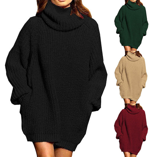 Damen Grobstrick Pulloverkleid mit hohem Kragen und lässigem Schnitt EB